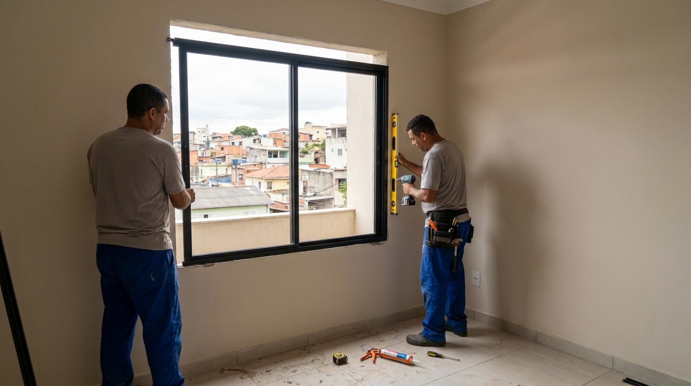 Esquadria de alumínio em quarto bege em Porto Velho-RO