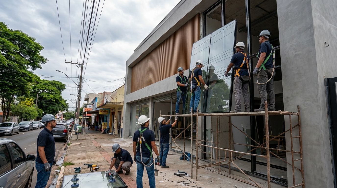 Fachada de vidro com andaime lateral em Porto Velho-RO