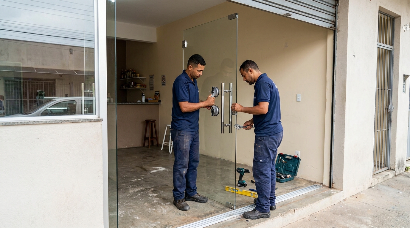 Dupla instalando porta de vidro em loja em Porto Velho-RO